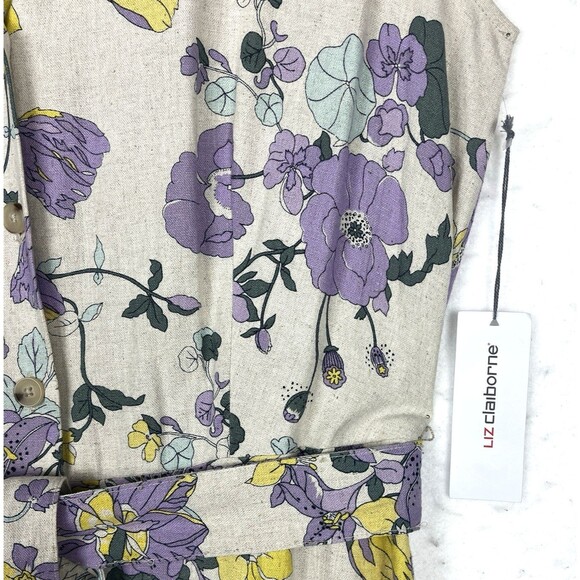 Liz Claiborne Floral Belted Dress Womens SZ 6 Fit & Flare Midi Sleeveless Linen - Picture 10 of 11